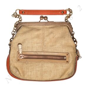 Coach Bonnie Kisslock Straw Canvas Bag Chain Strap Clutch Handbag Fold-over Bag
